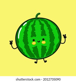 Cute funny Watermelon character. Vector hand drawn cartoon kawaii character illustration icon. Isolated on yellow background. Watermelon character concept