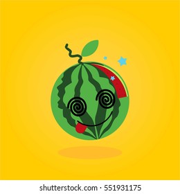 cute and funny watermelon fruit cartoon with various emotion and face in yellow background for kids and children