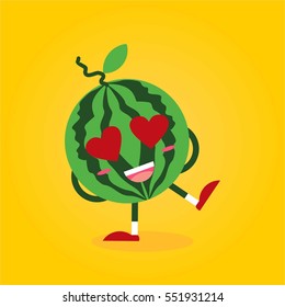 cute and funny watermelon fruit cartoon with various emotion and face in yellow background for kids and children