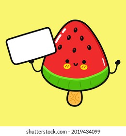 Cute funny watermelon ice cream with poster. Vector hand drawn cartoon kawaii character illustration icon. Isolated on yellow background. Watermelon ice cream think concept