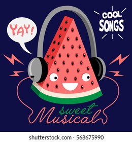 Cute and Funny Watermelon listen to music / Fruits vector illustration