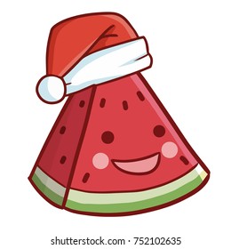 Cute and funny watermelon wearing Santa's hat and smiling - vector.