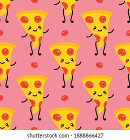 Cute and funny waving pepperoni pizza slice character vector seamless pattern background.