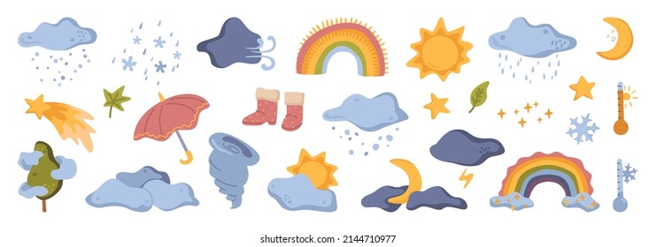 Cute and funny weather icons, isolated umbrella, rain and rainbow. Vector in flat style, clouds and sunshine, moon and shooting stars, tornado and tree. Heat and cold temperature seasons