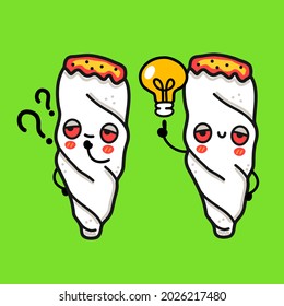 Cute funny weed joint character with question mark and idea lightbulb. Vector hand drawn cartoon kawaii character illustration icon. Weed,cannabis,marijuana joint cartoon mascot concept