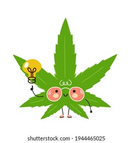 Cute funny Weed marijuana leaf character with idea light bulb. Vector hand drawn cartoon kawaii character illustration icon. Weed marijuana leaf character concept