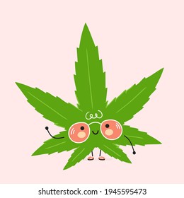 Cute funny Weed marijuana leaf character.Vector hand drawn cartoon kawaii character illustration icon.Weed marijuana leaf,rasta,dope,rastafarian face,420,trippy,good vibes cannabis character concept