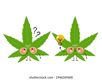 Cute lustige Weed Marihuana Blatt mit Fragezeichen und ideq Glühbirne. Vektorhandgezeichnete Cartoons kawaii Zeichentricksymbol. Einzeln auf weißem Hintergrund. Denkkonzept für Wegekräuter