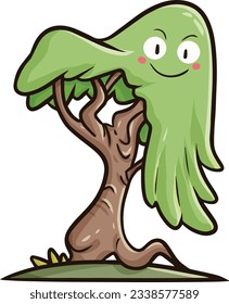 Cute and funny weird green tree cartoon character smiling