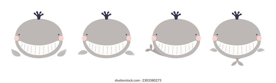 Cute funny whale faces illustrations set. Hand drawn cartoon character. Scandinavian style flat design, isolated vector. Kids print element, poster, card, wildlife, nature, baby animals