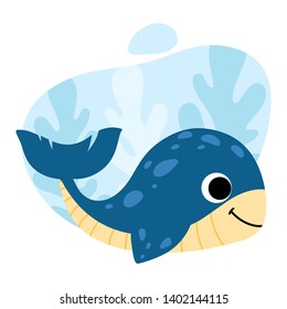 Cute funny whale on abstract background. Cartoon blue dolphin hand drawn vector style. Underwater character for a kids book, poster, clothes, design.
