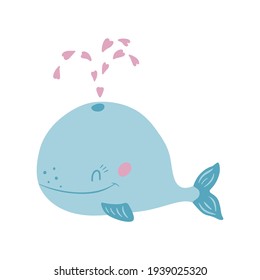 Cute funny whale and pink hearts. Vector illustration, isolated on a white background. Scandinavian style flat design. Concept for children print.