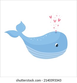 Cute funny whale and pink hearts. Concept for children print. Vector illustration on a white background. Scandinavian style flat design. 