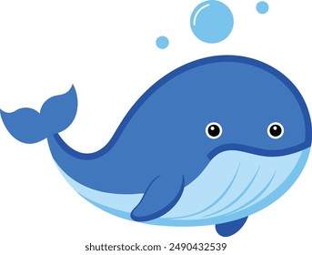 Cute funny whale print on white background. Ocean cartoon animal character for design of album, scrapbook, greeting card, invitation, wall decor. Flat colorful vector stock illustration.