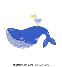 Cute funny whale and seagull. Vector illustration, isolated on a white background. Scandinavian style flat design. Concept for children print.
