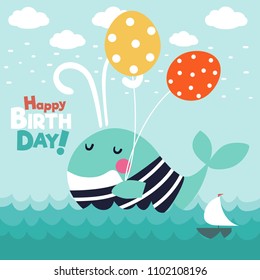 Cute funny whale with stripped shirt and balloons. Happy birthday - lovely vector card