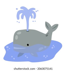 Cute funny whale with water fountain in sea or ocean. Marine animal. Funny blue sperm whale. Children drawing in Scandinavian style