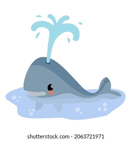 Cute funny whale with water fountain in sea or ocean. Marine animal. Funny blue sperm whale. Children drawing in Scandinavian style