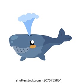 Cute funny whale with water fountain. Marine animal. Funny blue sperm whale. Children drawing in Scandinavian style