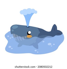 Cute funny whale with water fountain in sea or ocean. Marine animal. Funny blue sperm whale. Children drawing in Scandinavian style