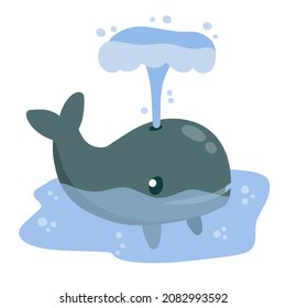 Cute funny whale with water fountain in sea or ocean. Marine animal. Funny blue sperm whale. Children drawing in Scandinavian style