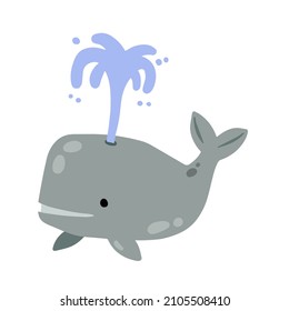 Cute funny whale with water fountain. Marine animal. Funny blue sperm whale. Children drawing in Scandinavian style