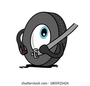 Cute funny wheel character putting the car seatbelt. Cartoon style vector illustration.