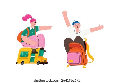 Cute funny whimsical characters going to school in bizarre ways. Going back to school. Looking for knowledge. A boy and a girl isolated Vector illustration. Search, study and curiosity concept.