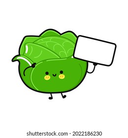 Cute funny white cabbage with poster. Vector hand drawn cartoon kawaii character illustration icon. Isolated on white background. White cabbage think concept