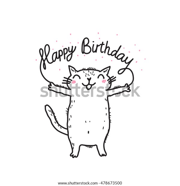 Cute Funny White Cat Happy Birthday Stock Vector Royalty
