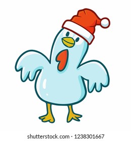 Cute and funny white chicken dancing and wearing Santa's hat for christmas - vector.