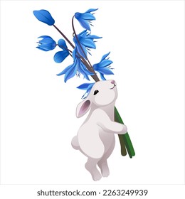 Abundancia blanca, graciosa, de Pascua blanca con un ramo de flores azules de primer resorte, elemento de diseño de saludos de vacaciones, ilustración para papel de pared, textil, embalaje