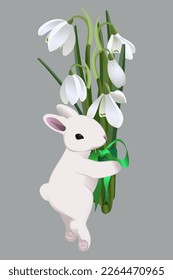 Cute, funny white easter bunny with a bouquet of white first spring flowers, festive spring holidays design element, design element