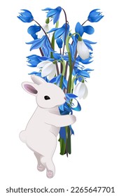 Conejo de Pascua blanco, divertido, con un ramo de flores primaverales azules y blancas, elemento de diseño de vacaciones de primavera festivas, elemento de diseño