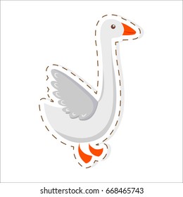 Cute funny white goose vector flat cartoon sticker or icon outlined with dotted line isolated on white