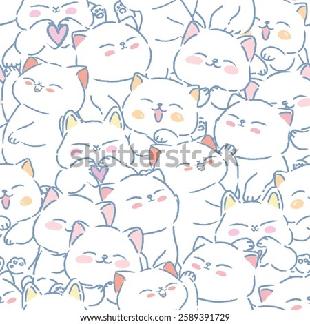 Cute funny white kitty cat cartoon seamless pattern