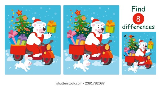 Cute funny white polar bear riding motorcycle in Santa Claus costume with gifts and Christmas tree. Find differences, education game for children. Flat vector illustration.