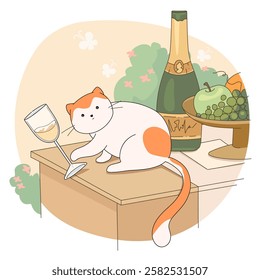 A cute and funny white and red cat. Cat sits on a dinner table and pushes the glass of wine. Cartoon illustration. Vector illustration. 