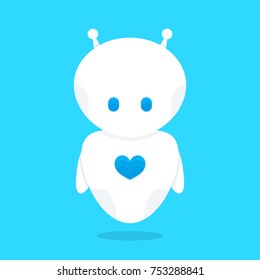 Cute funny white robot bot with blue heart character. Vector flat cartoon illustration icon design. Isolated on white background. Love robot bot concept