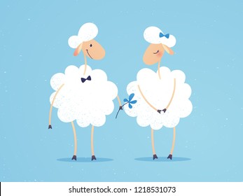 Cute and funny white sheep characters in love, nice and sweet. Illustration of first date of two amorous sheep in vector hand drawn style. Male sheep in bow-tie present flower to female sheep in bow