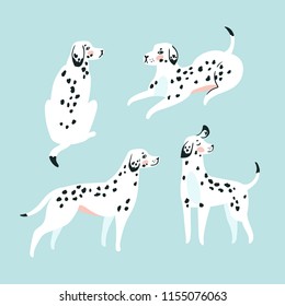 Cute funny white spotted dogs on the blue background. Dalmatian card design. Vector illustration.