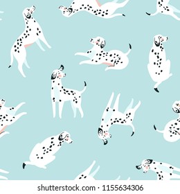 Cute funny white spotted dogs on the blue background. Dalmatian fabric design. Vector print with dogs.