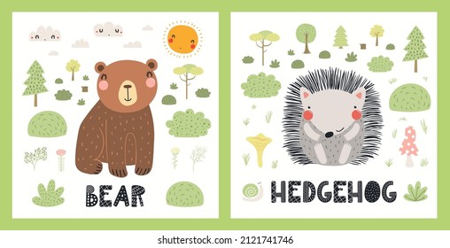 Cute funny wild animals, bear, hedgehog, woodland landscape. Posters, cards collection. Hand drawn wildlife vector illustration. Scandinavian style flat design. Concept for kids fashion, textile print