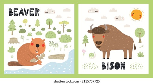 Cute funny wild animals, bison, beaver, woodland landscape. Posters, cards collection. Hand drawn wildlife vector illustration. Scandinavian style flat design. Concept for kids fashion, textile print.