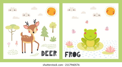 Cute funny wild animals, deer, frog, woodland landscape. Posters, cards collection. Hand drawn wildlife vector illustration. Scandinavian style flat design. Concept for kids fashion, textile print.