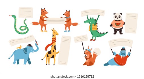 Cute funny wild animals holding empty banners, cards, flags, billboards with place for text. Adorable happy cartoon characters with placards isolated on white background. Flat vector illustration.