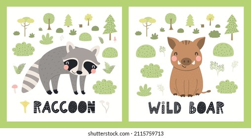 Cute funny wild animals, raccoon, boar, woodland landscape. Posters, cards collection. Hand drawn wildlife vector illustration. Scandinavian style flat design. Concept for kids fashion, textile print.