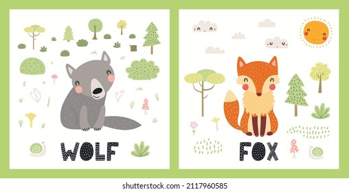 Curiosos animales salvajes, lobo, zorro, paisaje de bosques. Carteles, colección de tarjetas. Ilustración de vector de fauna silvestre dibujada a mano. Diseño plano de estilo escandinavo. Concepto de moda infantil, impresión textil.