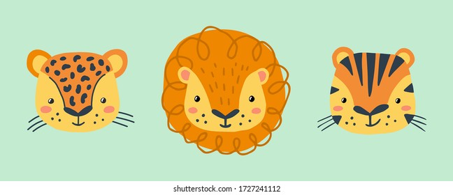 Cute funny wild cats faces or heads for baby card, invitation, mug, t-shirts. Lion, tiger, cheetah or leopard. Isolated vector illustrations set.