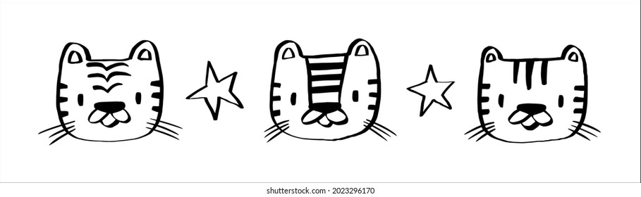 Cute funny wild cats faces or heads for baby card, invitation, mug, t-shirts. Tiger faces in black and white. Isolated vector illustrations set.